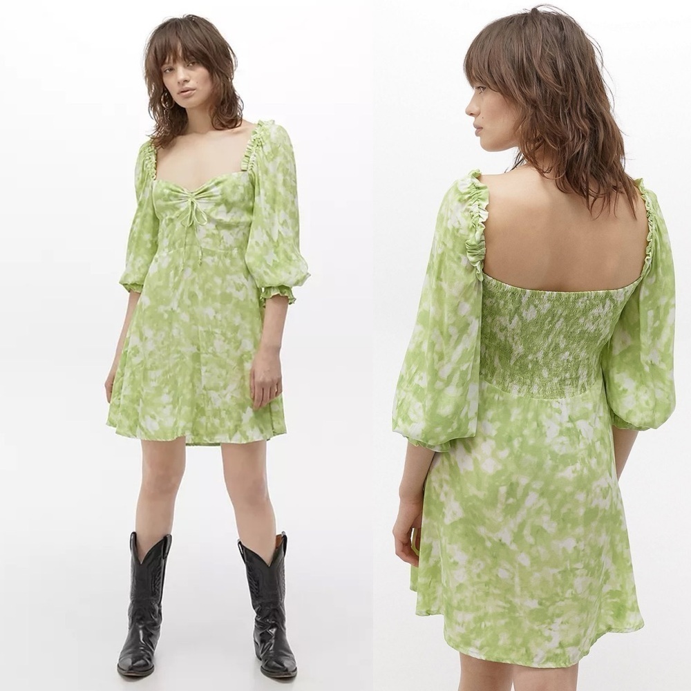 Faithfull The Brand Arianne Mini Dress Lime Green US 4 Smocked Bodice